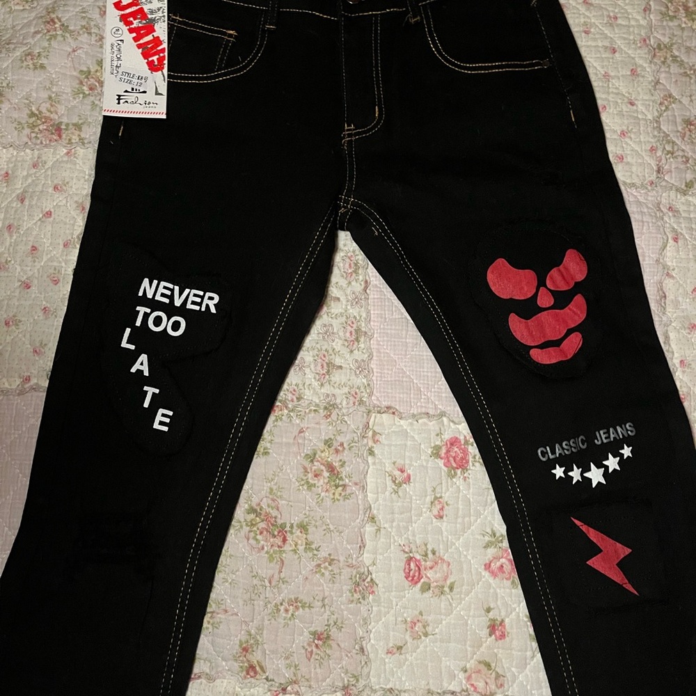 Black Jeans with Red and White Patches